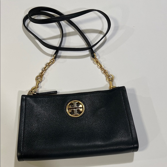 Tory Burch Handbags - Tory Burch - Black Pebbled Leather Crossbody, Gold Horse Bit Chain